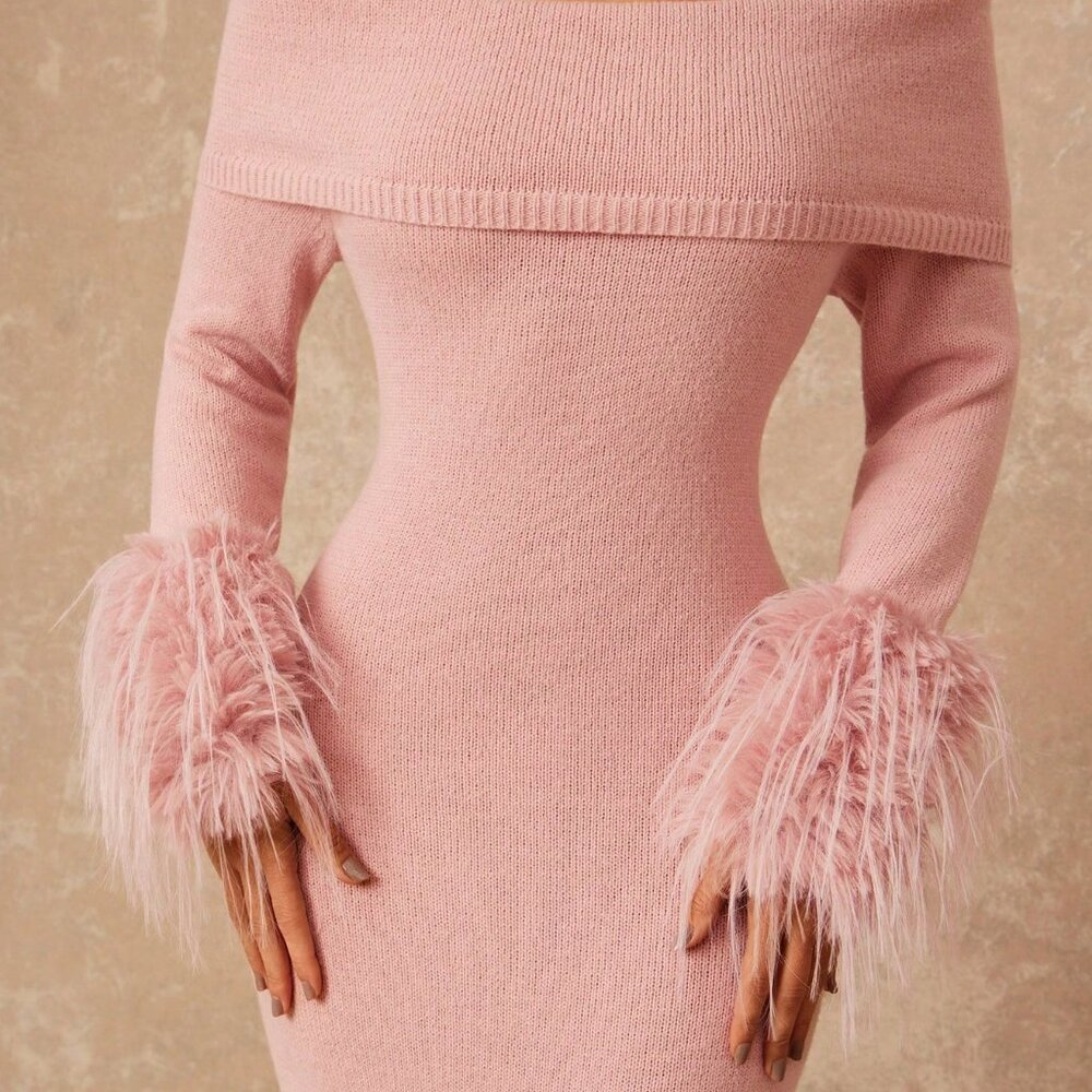 Pink Faux Fur Off Shoulder Bodycon sweater Maxi dress - Picture 5 of 8